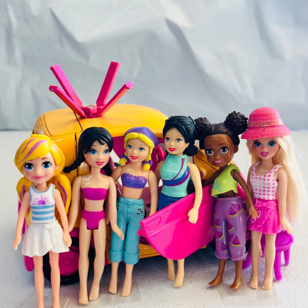 Polly Pocket Cruiser Car and 6 Doll Lot Kids OS Pink Yellow Beach Excellent